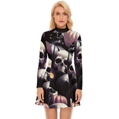 Halloween Party Skulls, Demonic Pumpkins Pattern Long Sleeve Velour Longline Dress by Casemiro