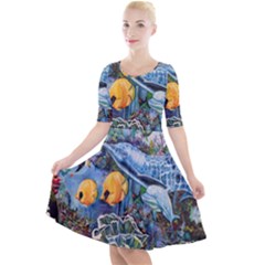 Colorful Aquatic Life Wall Mural Quarter Sleeve A-line Dress by Proyonanggan