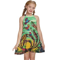 Monkey Tiger Bird Parrot Forest Jungle Style Kids  Halter Collar Waist Tie Chiffon Dress by Grandong