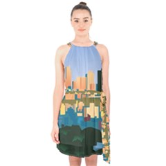 City Buildings Urban Dawn Halter Collar Waist Tie Chiffon Dress by Bangk1t