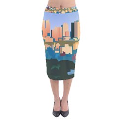 City Buildings Urban Dawn Velvet Midi Pencil Skirt by Bangk1t