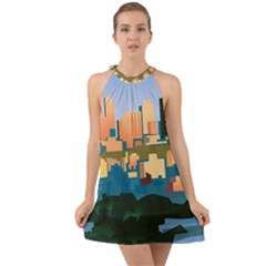 City Buildings Urban Dawn Halter Tie Back Chiffon Dress by Bangk1t