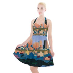 City Buildings Urban Dawn Halter Party Swing Dress  by Bangk1t