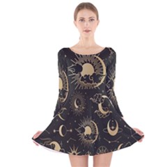 Asian-set With Clouds Moon-sun Stars Vector Collection Oriental Chinese Japanese Korean Style Long Sleeve Velvet Skater Dress by Bangk1t