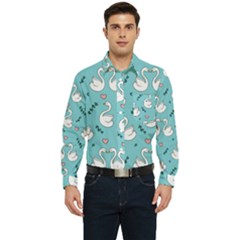 Elegant Swan Pattern Design Men s Long Sleeve Pocket Shirt  by Bangk1t