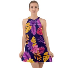 Tropical Pattern Halter Tie Back Chiffon Dress by Bangk1t