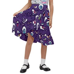 Eye Artwork Decor Eyes Pattern Purple Form Backgrounds Illustration Kids  Ruffle Flared Wrap Midi Skirt by Bangk1t