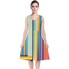 Colorful Rainbow Striped Pattern Stripes Background V-neck Midi Sleeveless Dress  by Bangk1t