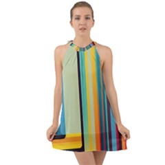 Colorful Rainbow Striped Pattern Stripes Background Halter Tie Back Chiffon Dress by Bangk1t