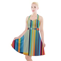 Colorful Rainbow Striped Pattern Stripes Background Halter Party Swing Dress  by Bangk1t