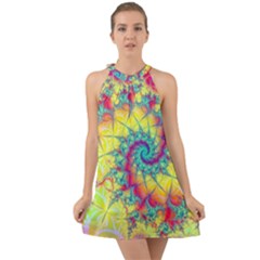 Fractal Spiral Abstract Background Vortex Yellow Halter Tie Back Chiffon Dress by Bangk1t