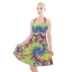 Fractal Spiral Abstract Background Vortex Yellow Halter Party Swing Dress  by Bangk1t