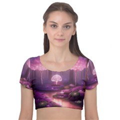 Trees Forest Landscape Nature Neon Velvet Short Sleeve Crop Top  by Bangk1t