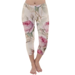 Roses Plants Vintage Retro Flowers Pattern Capri Winter Leggings  by Bangk1t