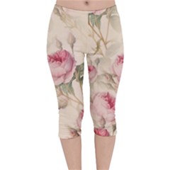 Roses Plants Vintage Retro Flowers Pattern Velvet Capri Leggings  by Bangk1t