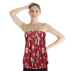 Woodland Mushroom And Daisy Seamless Pattern On Red Backgrounds Strapless Top by Amaryn4rt