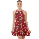 Woodland Mushroom And Daisy Seamless Pattern On Red Backgrounds Halter Tie Back Chiffon Dress View1