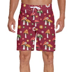 Woodland Mushroom And Daisy Seamless Pattern On Red Backgrounds Men s Beach Shorts by Amaryn4rt