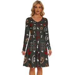 Art Halloween Pattern Creepy Design Digital Papers Long Sleeve Dress With Pocket by pakminggu