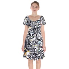 New York City Nyc Broadway Doodle Art Short Sleeve Bardot Dress by Grandong