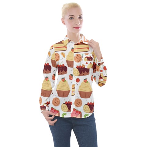 Dessert And Cake For Food Pattern Women s Long Sleeve Pocket Shirt by Grandong