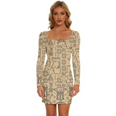 Aztec Tribal African Egyptian Style Seamless Pattern Vector Antique Ethnic Long Sleeve Square Neck Bodycon Velvet Dress by Grandong