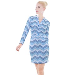 Seamless Pattern Of Cute Summer Blue Line Zigzag Button Long Sleeve Dress by Grandong