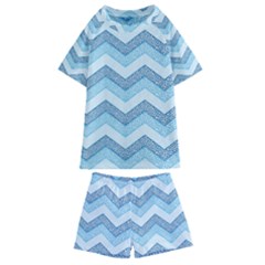 Seamless Pattern Of Cute Summer Blue Line Zigzag Kids  Swim Tee And Shorts Set by Grandong