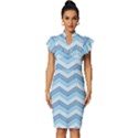 Seamless Pattern Of Cute Summer Blue Line Zigzag Vintage Frill Sleeve V-Neck Bodycon Dress View1