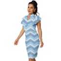 Seamless Pattern Of Cute Summer Blue Line Zigzag Vintage Frill Sleeve V-Neck Bodycon Dress View2