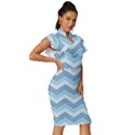 Seamless Pattern Of Cute Summer Blue Line Zigzag Vintage Frill Sleeve V-Neck Bodycon Dress View3