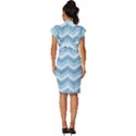 Seamless Pattern Of Cute Summer Blue Line Zigzag Vintage Frill Sleeve V-Neck Bodycon Dress View4