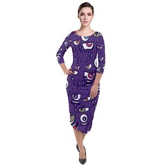 Eye Artwork Decor Eyes Pattern Purple Form Backgrounds Illustration Quarter Sleeve Midi Velour Bodycon Dress by Grandong