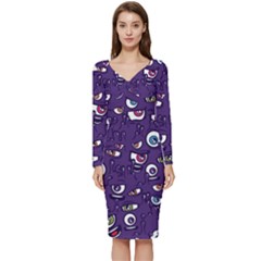 Eye Artwork Decor Eyes Pattern Purple Form Backgrounds Illustration Long Sleeve V-neck Bodycon Dress  by Grandong