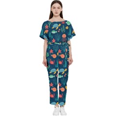 Variety Of Fish Illustration Turtle Jellyfish Art Texture Batwing Lightweight Chiffon Jumpsuit by Grandong