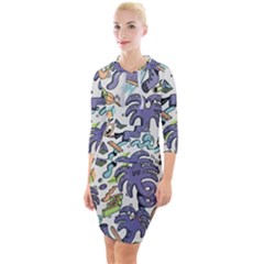 Purple Orange Green Blue Cartoon Quarter Sleeve Hood Bodycon Dress by Grandong