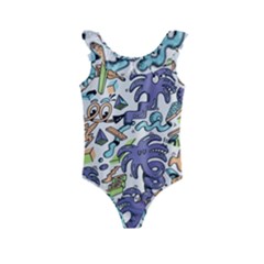 Purple Orange Green Blue Cartoon Kids  Frill Swimsuit by Grandong