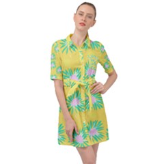 Mazipoodles Bold Daises Yellow Belted Shirt Dress by Mazipoodles