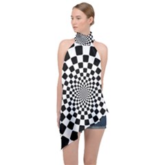 Geomtric Pattern Illusion Shapes Halter Asymmetric Satin Top by Grandong