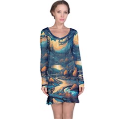 Forest River Night Evening Moon Long Sleeve Nightdress by pakminggu