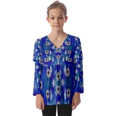 Oilpainting Blue Flowers In The Peaceful Night Kids  V Neck Casual Top by pepitasart