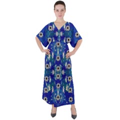 Oilpainting Blue Flowers In The Peaceful Night V-neck Boho Style Maxi Dress by pepitasart