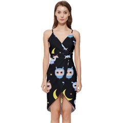 Cute-owl-doodles-with-moon-star-seamless-pattern Wrap Frill Dress by pakminggu