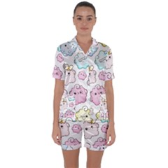 Cute-doodle-cartoon-seamless-pattern Satin Short Sleeve Pajamas Set by pakminggu