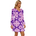 Pink And Purple Flowers Pattern Long Sleeve Waist Tie Ruffle Velvet Dress View3