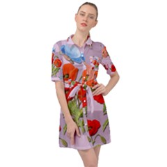 Seamless Pattern With Roses And Butterflies Belted Shirt Dress by shoopshirt