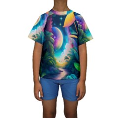 Jungle Moon Light Plants Space Kids  Short Sleeve Swimwear by uniart180623