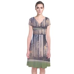 Building City Urban Path Road Skyline Short Sleeve Front Wrap Dress by uniart180623