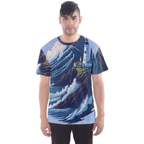 Lighthouse Sea Waves Men s Sport Mesh T-shirt by uniart180623