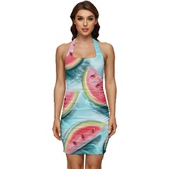 Watermelon Fruit Juicy Summer Heat Sleeveless Wide Square Neckline Ruched Bodycon Dress by uniart180623